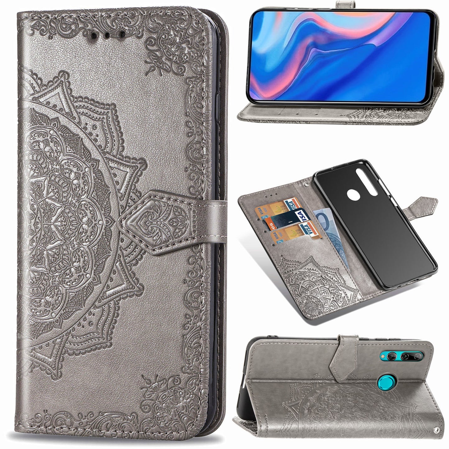 Embossed Mandala Flower Leather Wallet Phone Case for Huawei Honor 9X (Global)/ Y9 Prime 2019 / Enjoy 10 Plus