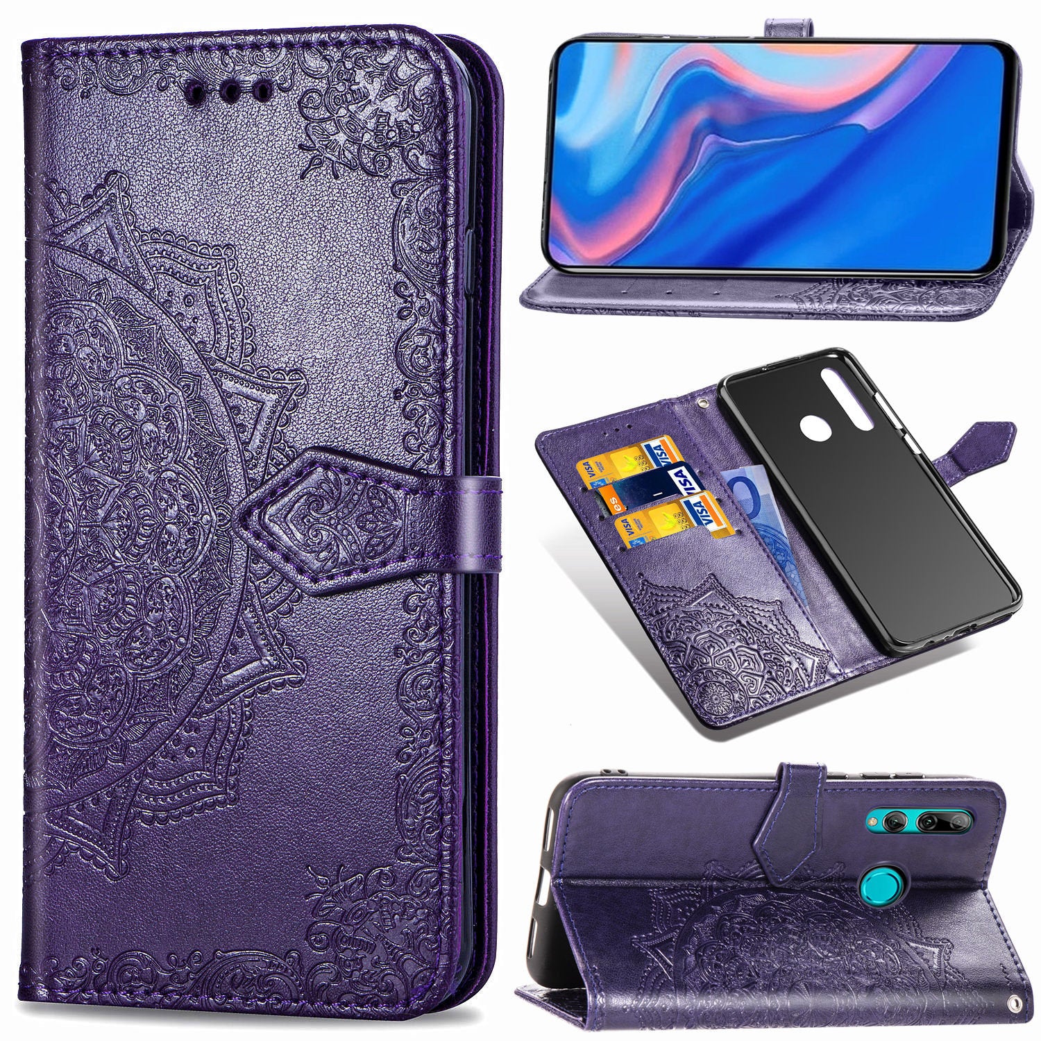 Embossed Mandala Flower Leather Wallet Phone Case for Huawei Honor 9X (Global)/ Y9 Prime 2019 / Enjoy 10 Plus