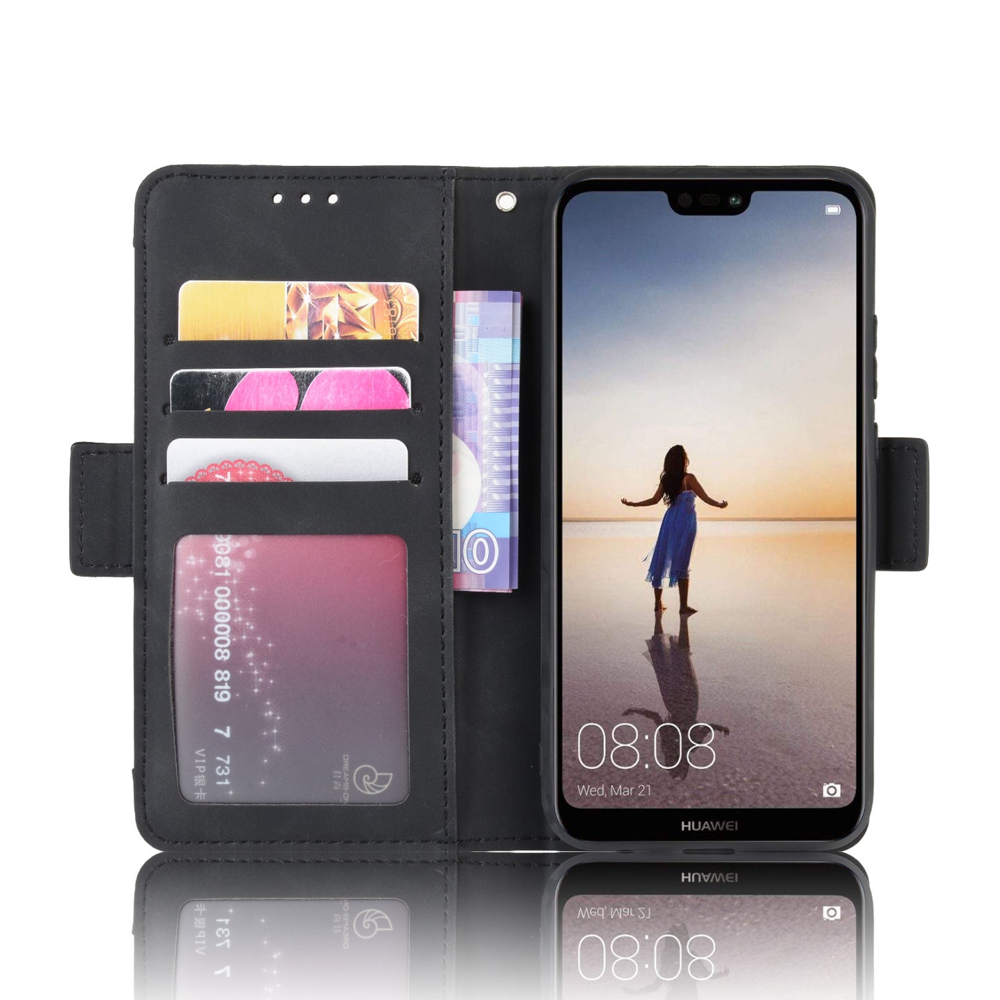 For Huawei P20 Lite (2018)/Nova 3e Protective Shell Leather Wallet Stand with Multiple Card Slots Phone Case