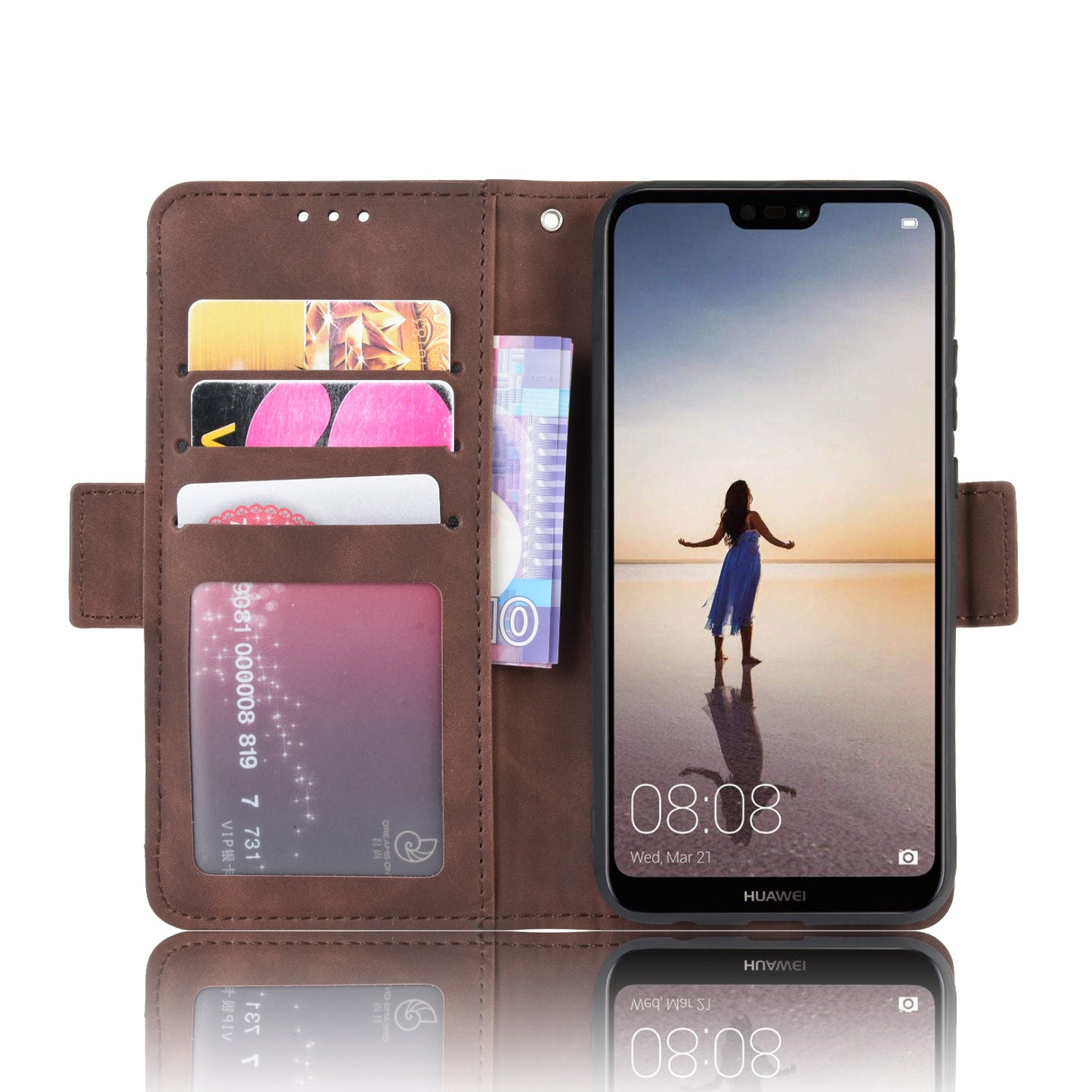 For Huawei P20 Lite (2018)/Nova 3e Protective Shell Leather Wallet Stand with Multiple Card Slots Phone Case