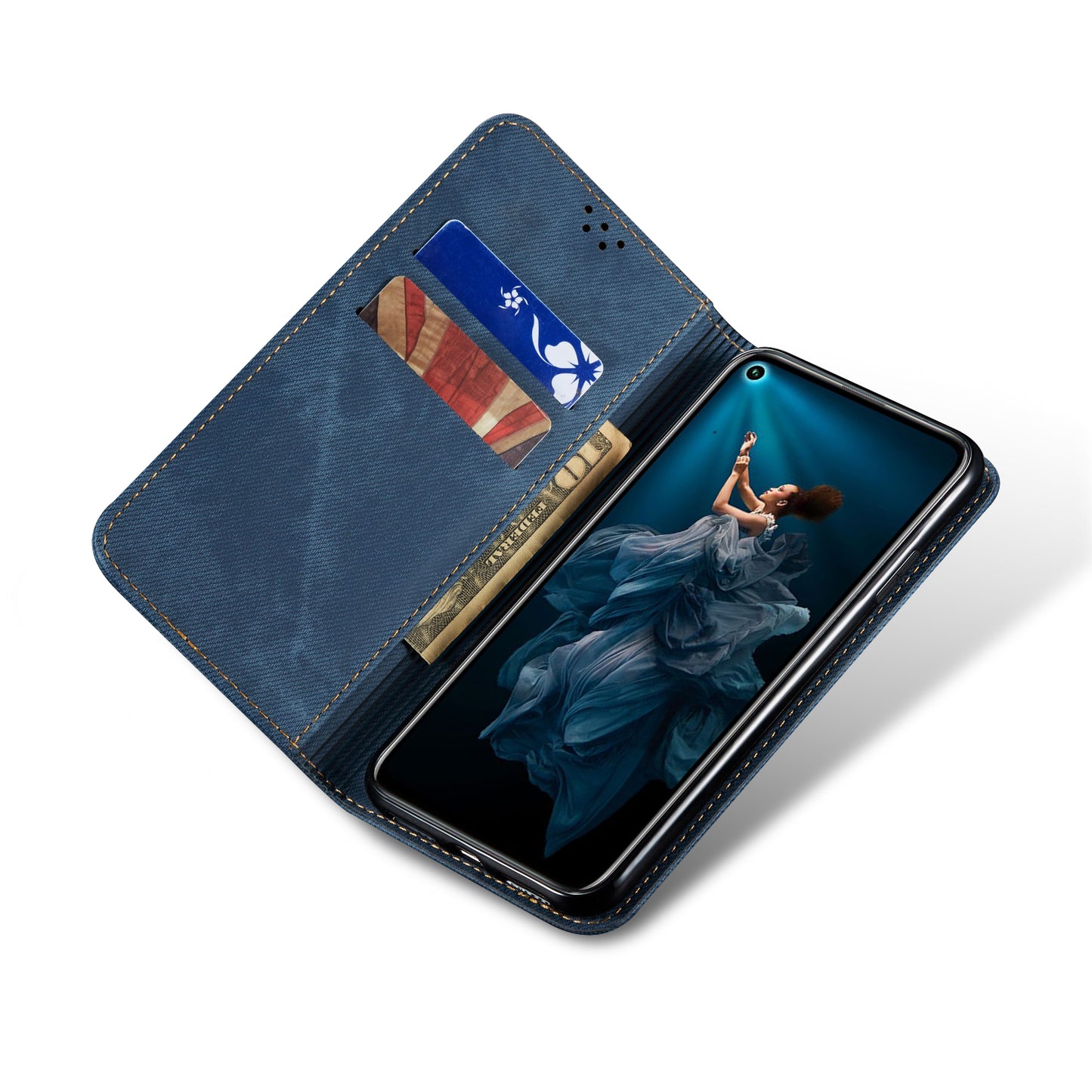 Retro Style Jeans Cloth Leather Wallet Case for Huawei Honor 20 / nova 5T