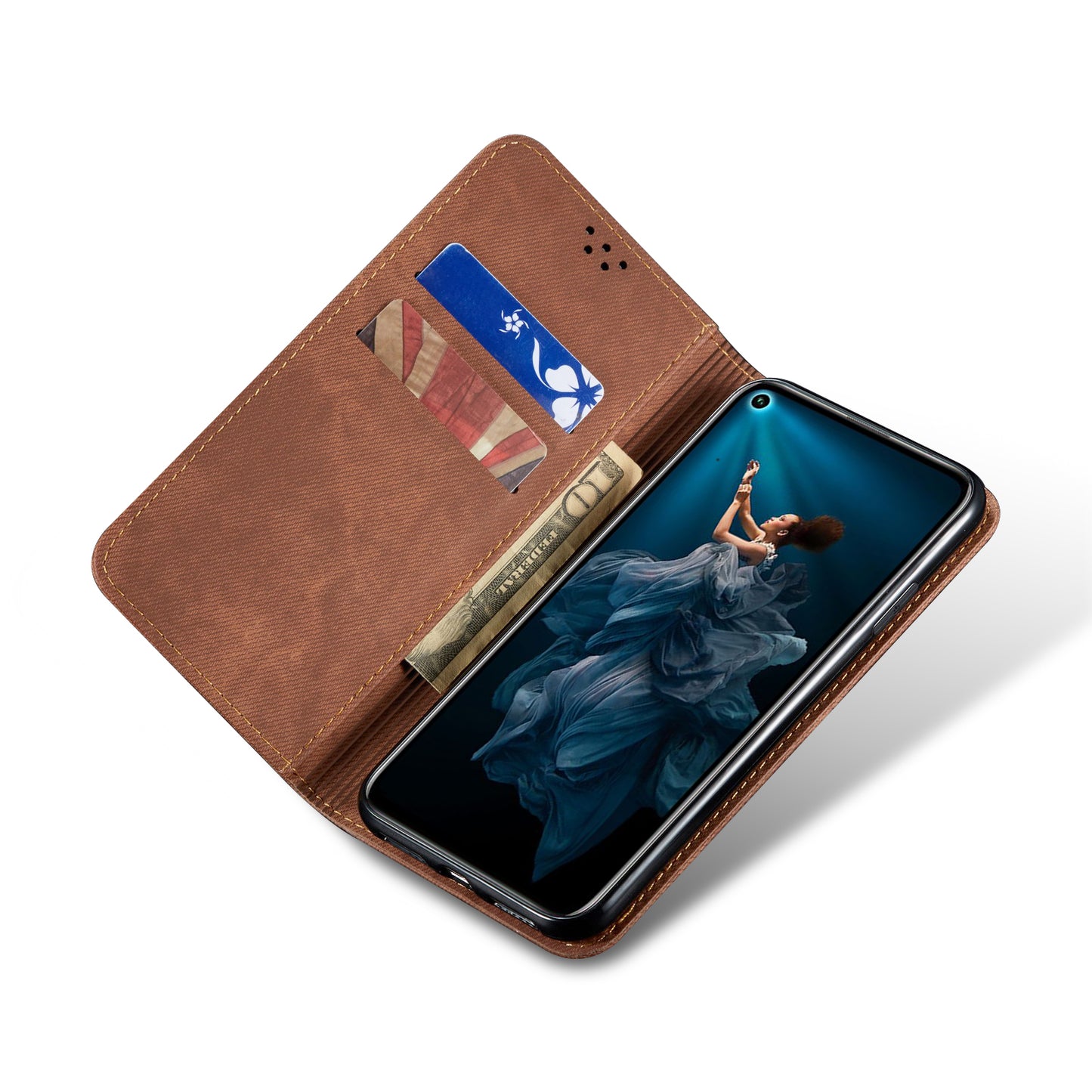 Retro Style Jeans Cloth Leather Wallet Case for Huawei Honor 20 / nova 5T