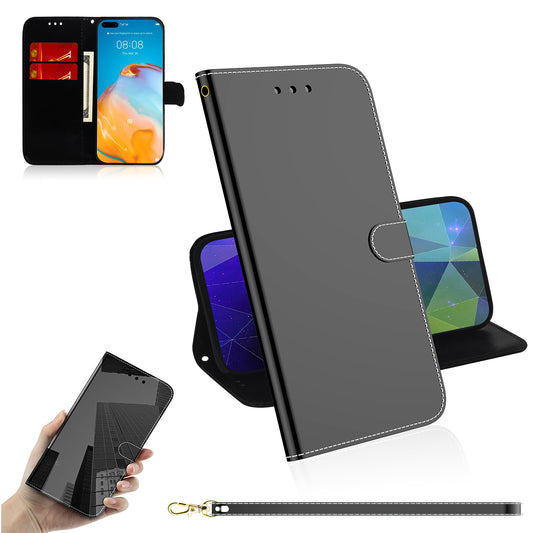 Mirror Surface Leather Wallet Cover with Strap Case for Huawei P40 Pro