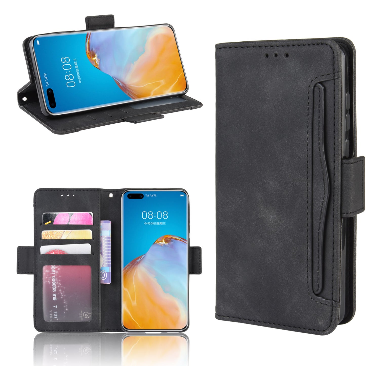 Multiple Card Slots Leather Wallet Stand Shell for Huawei P40 Pro