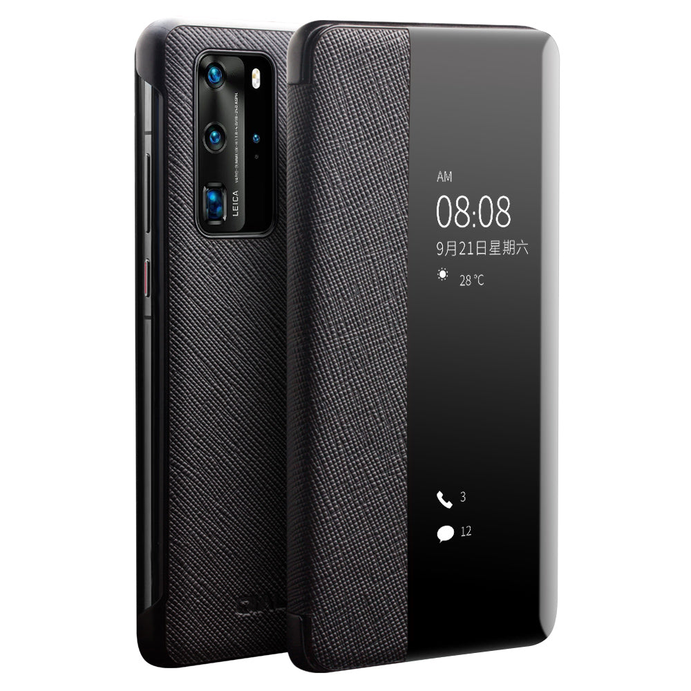 QIALINO View Window Cowhide Leather Shell for Huawei P40 Pro
