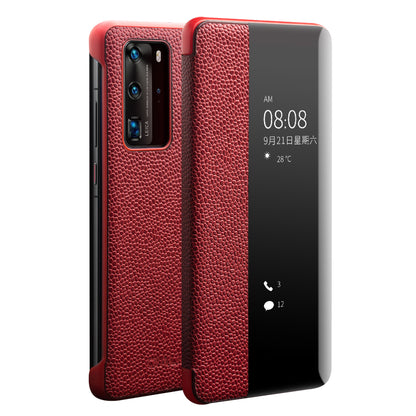 QIALINO View Window Cowhide Leather Shell for Huawei P40 Pro