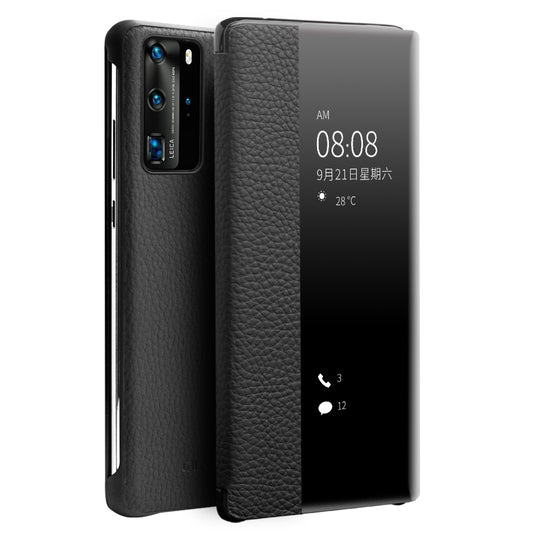 QIALINO Litchi Skin Genuine Leather Phone Shell with View Window Case for Huawei P40 Pro