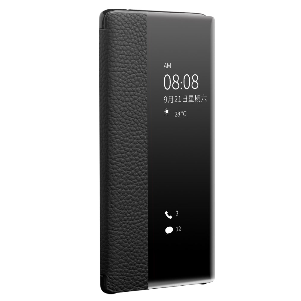 QIALINO Litchi Skin Genuine Leather Phone Shell with View Window Case for Huawei P40 Pro