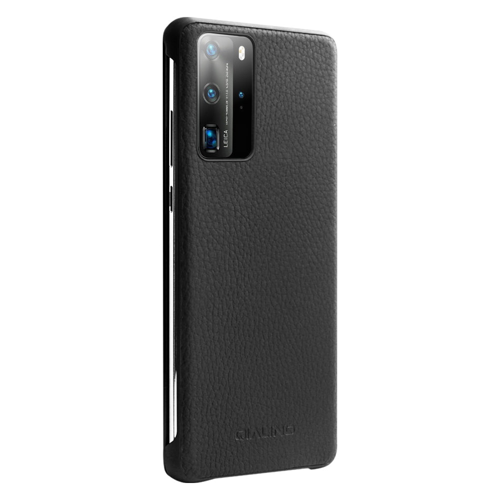 QIALINO Litchi Skin Genuine Leather Phone Shell with View Window Case for Huawei P40 Pro