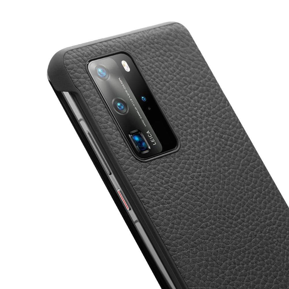 QIALINO Litchi Skin Genuine Leather Phone Shell with View Window Case for Huawei P40 Pro