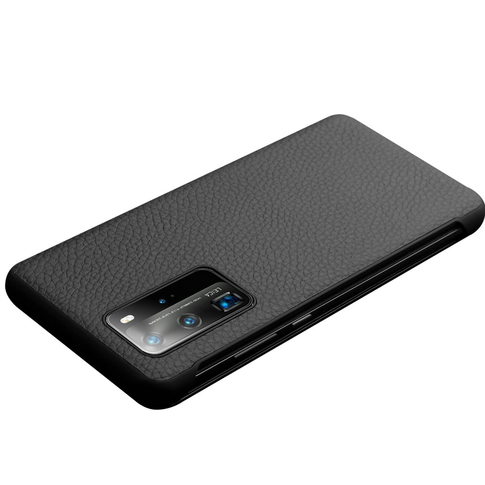 QIALINO Litchi Skin Genuine Leather Phone Shell with View Window Case for Huawei P40 Pro
