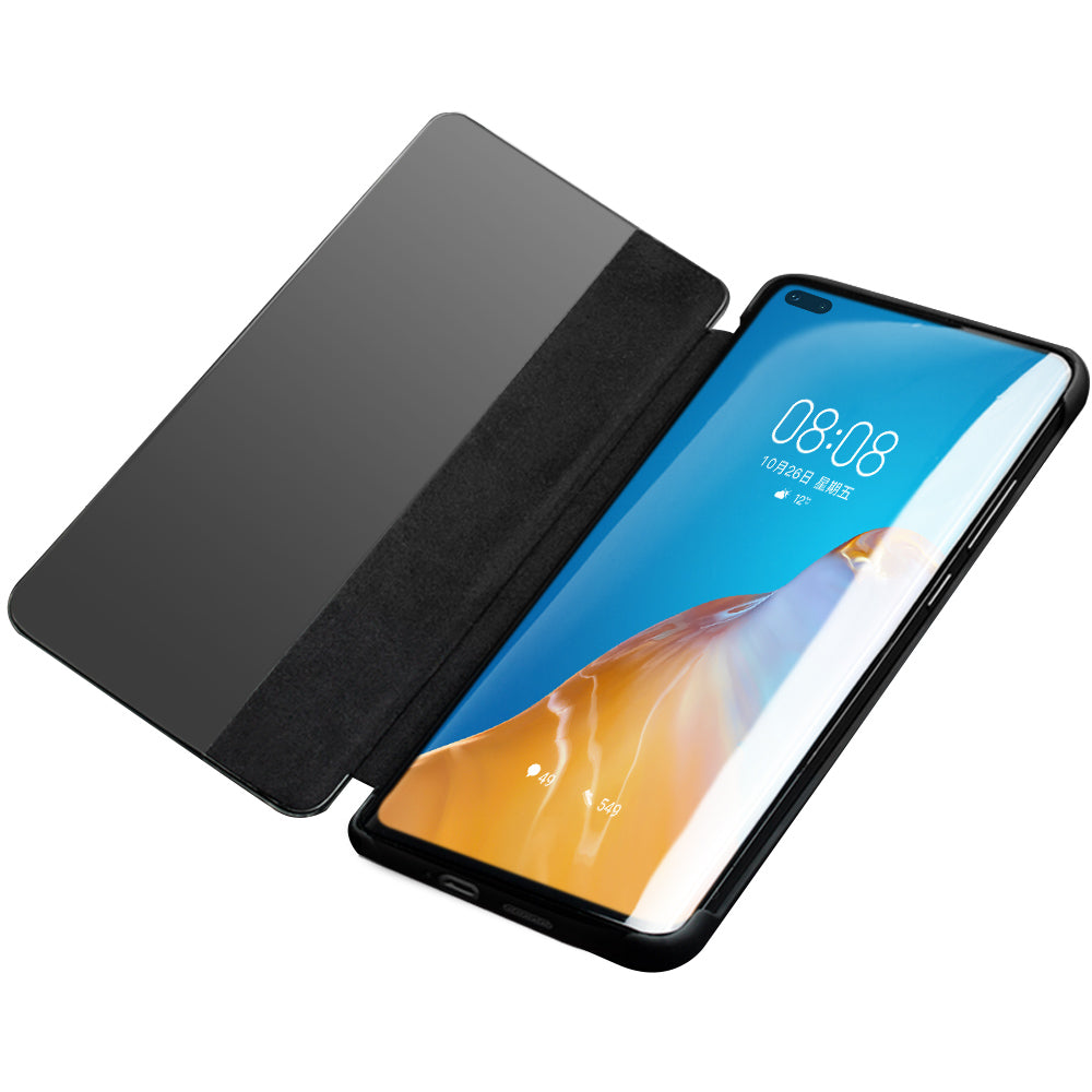 QIALINO Litchi Skin Genuine Leather Phone Shell with View Window Case for Huawei P40 Pro