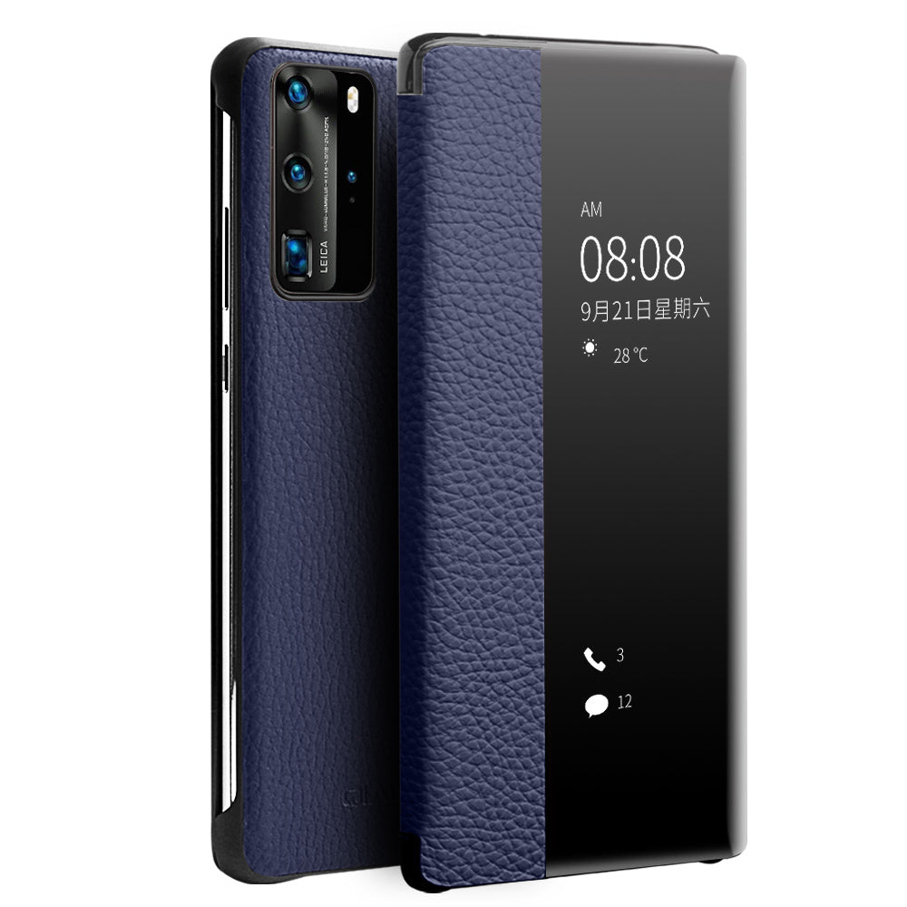 QIALINO Litchi Skin Genuine Leather Phone Shell with View Window Case for Huawei P40 Pro