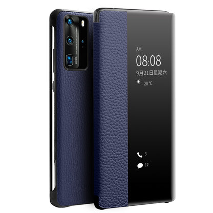 QIALINO Litchi Skin Genuine Leather Phone Shell with View Window Case for Huawei P40 Pro