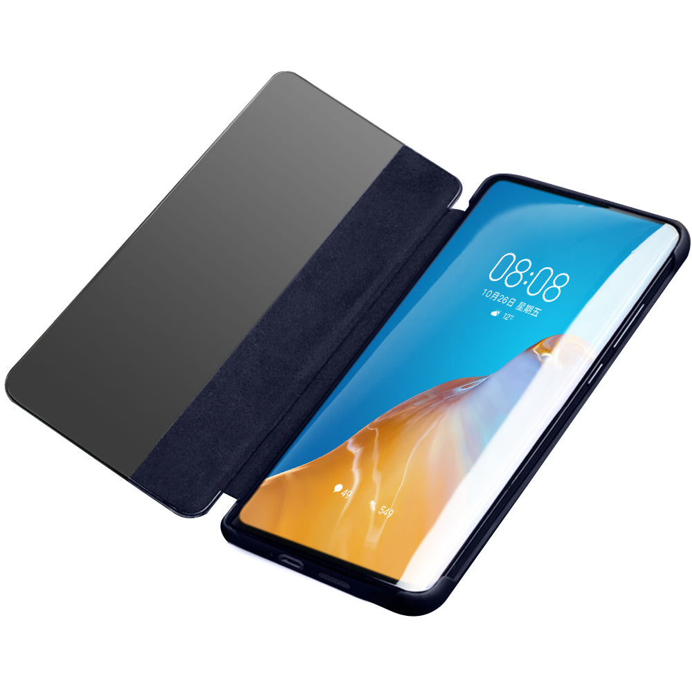 QIALINO Litchi Skin Genuine Leather Phone Shell with View Window Case for Huawei P40 Pro