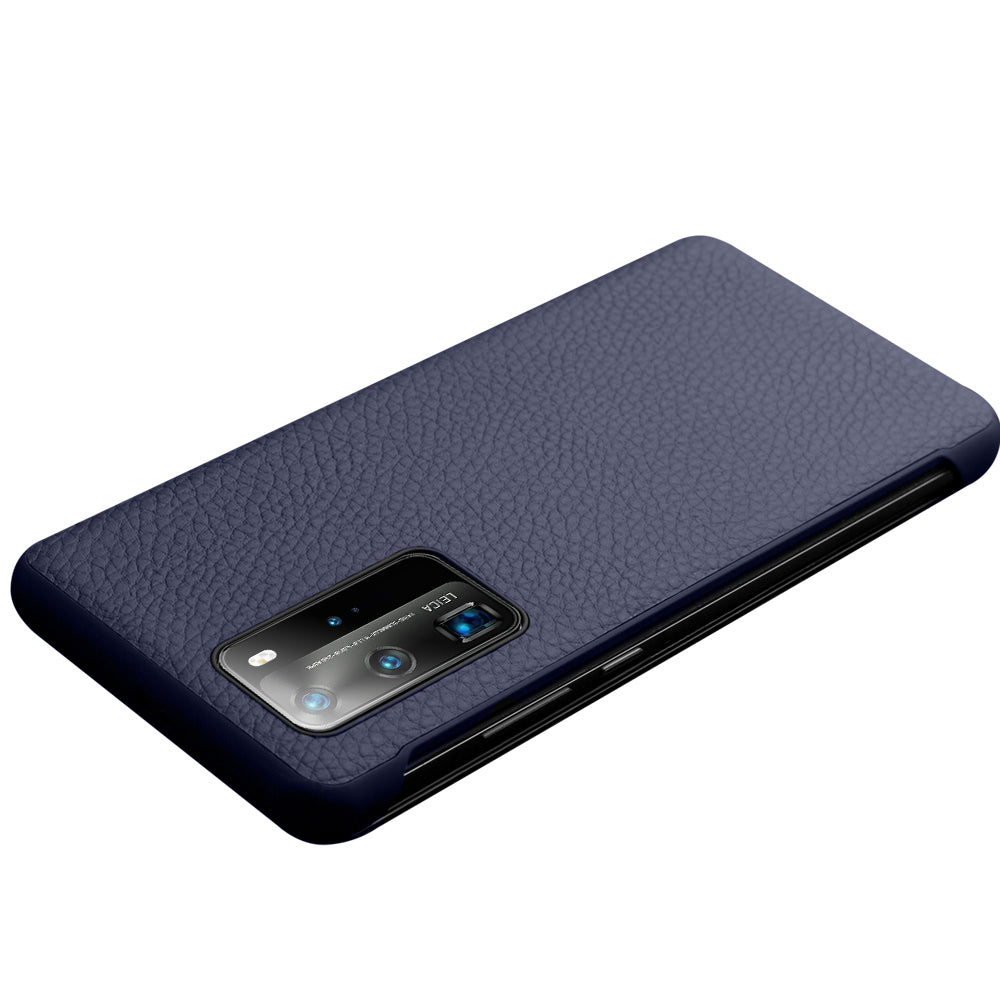 QIALINO Litchi Skin Genuine Leather Phone Shell with View Window Case for Huawei P40 Pro