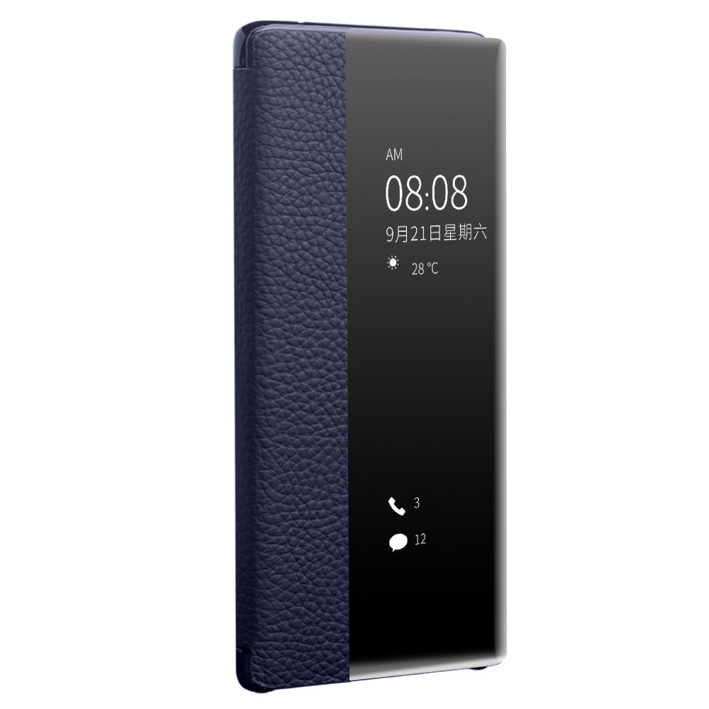 QIALINO Litchi Skin Genuine Leather Phone Shell with View Window Case for Huawei P40 Pro