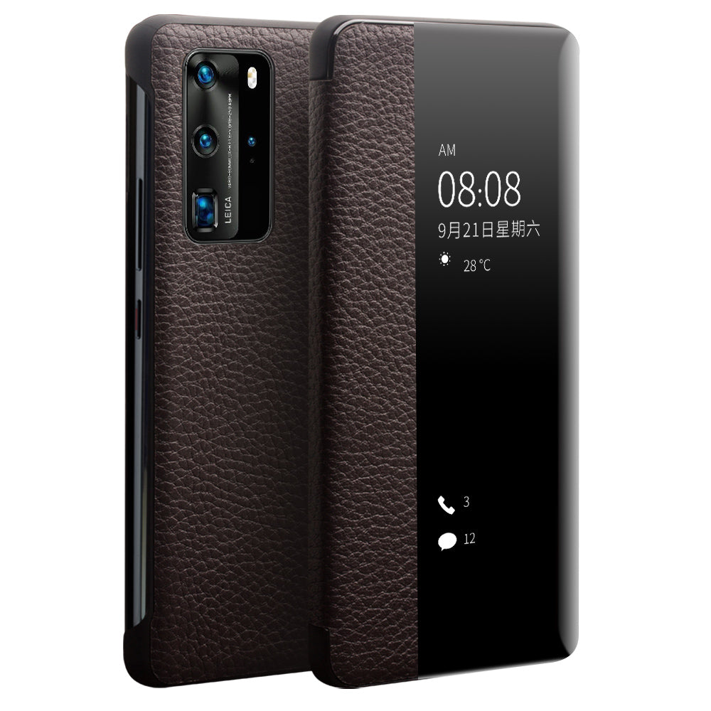 QIALINO Litchi Skin Genuine Leather Phone Shell with View Window Case for Huawei P40 Pro