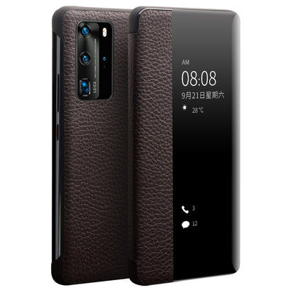 QIALINO Litchi Skin Genuine Leather Phone Shell with View Window Case for Huawei P40 Pro