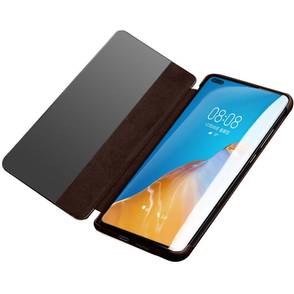QIALINO Litchi Skin Genuine Leather Phone Shell with View Window Case for Huawei P40 Pro