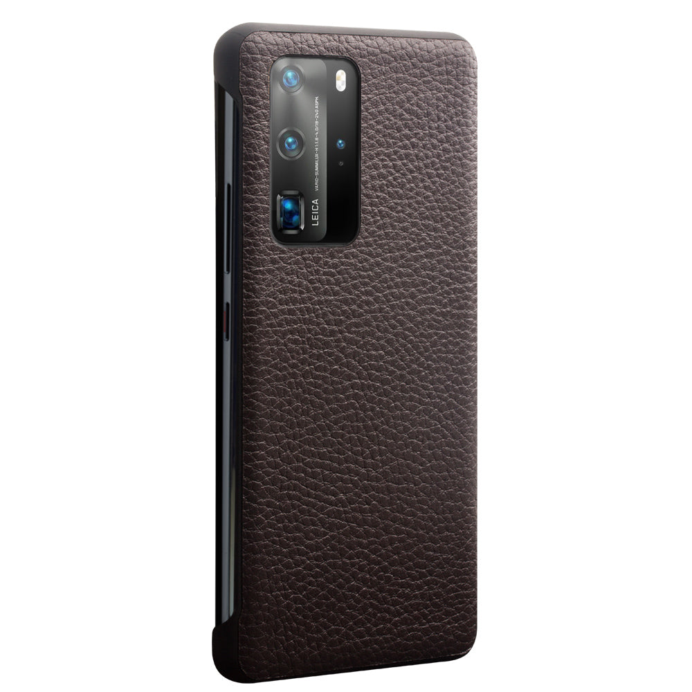 QIALINO Litchi Skin Genuine Leather Phone Shell with View Window Case for Huawei P40 Pro