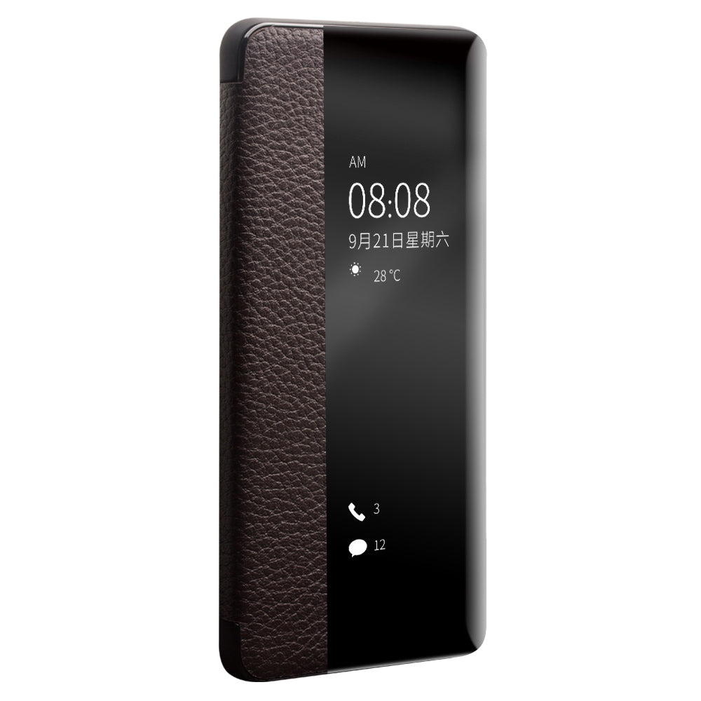 QIALINO Litchi Skin Genuine Leather Phone Shell with View Window Case for Huawei P40 Pro