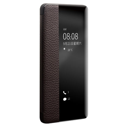 QIALINO Litchi Skin Genuine Leather Phone Shell with View Window Case for Huawei P40 Pro