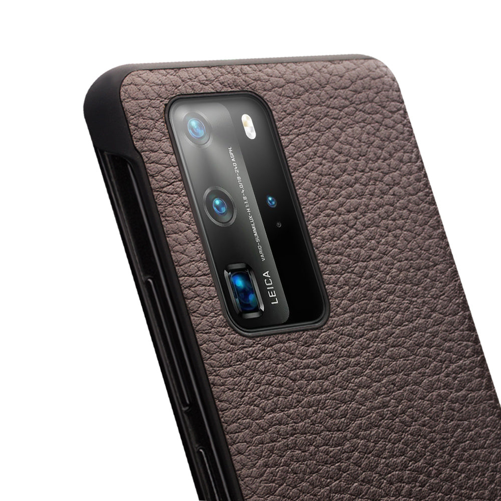 QIALINO Litchi Skin Genuine Leather Phone Shell with View Window Case for Huawei P40 Pro