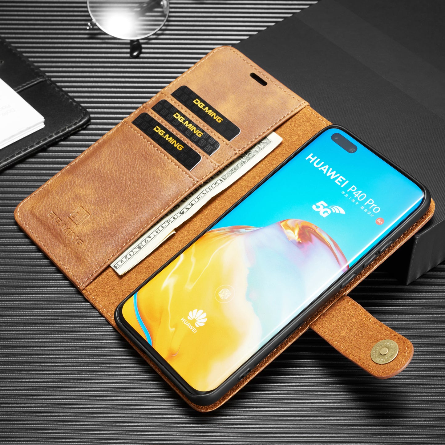 DG.MING Detachable 2-in-1 Split Leather Wallet Shell + PC Back Case for Huawei P40 Pro