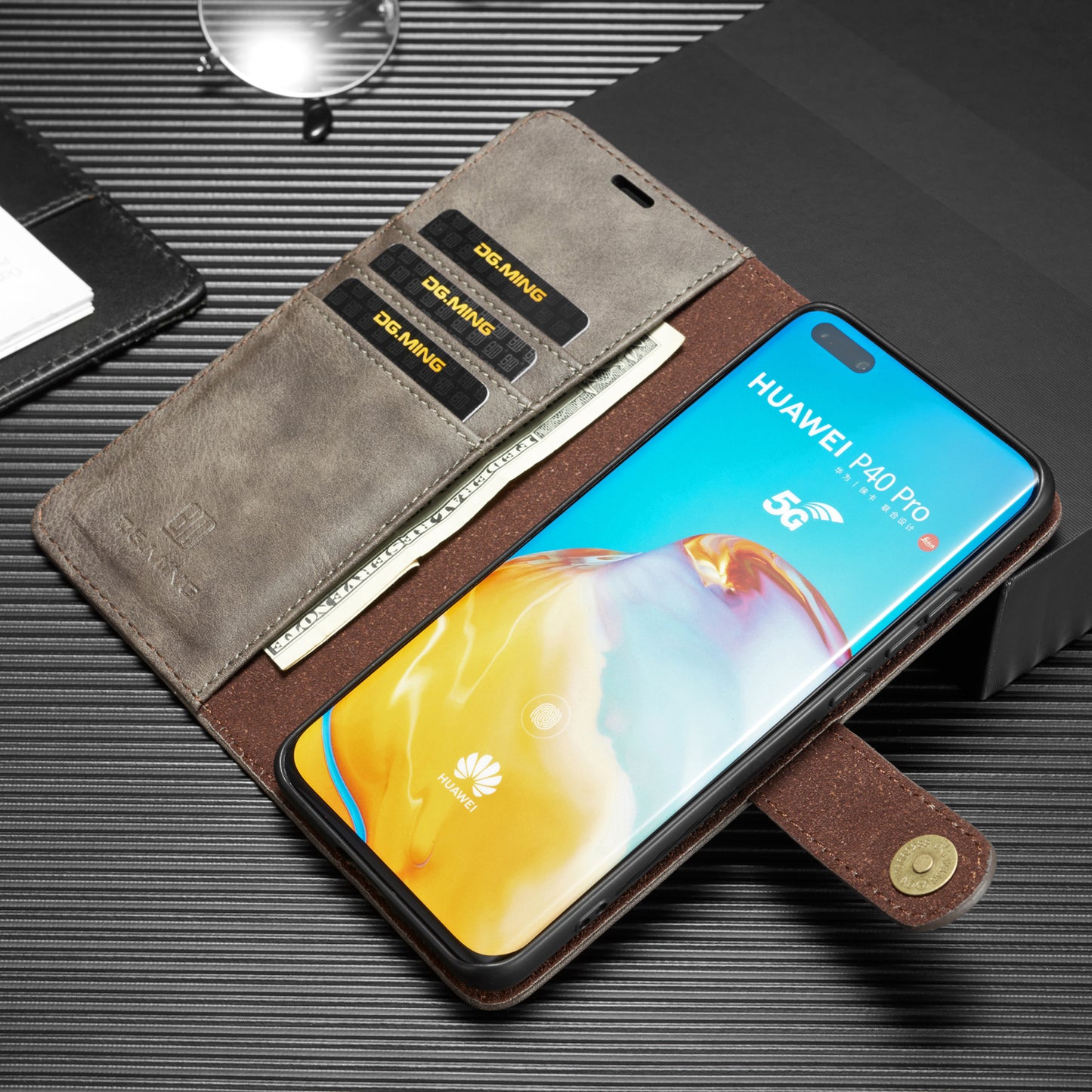 DG.MING Detachable 2-in-1 Split Leather Wallet Shell + PC Back Case for Huawei P40 Pro
