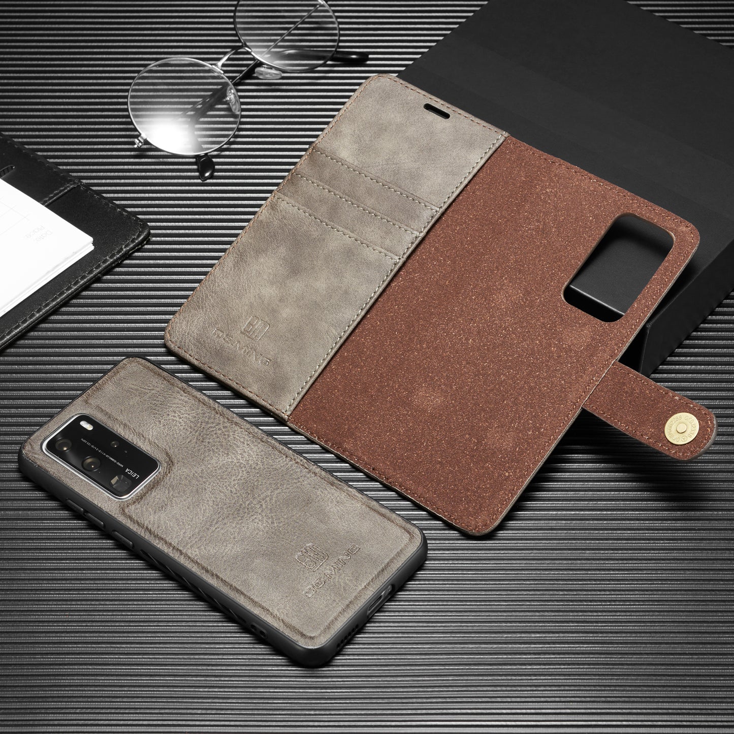 DG.MING Detachable 2-in-1 Split Leather Wallet Shell + PC Back Case for Huawei P40 Pro