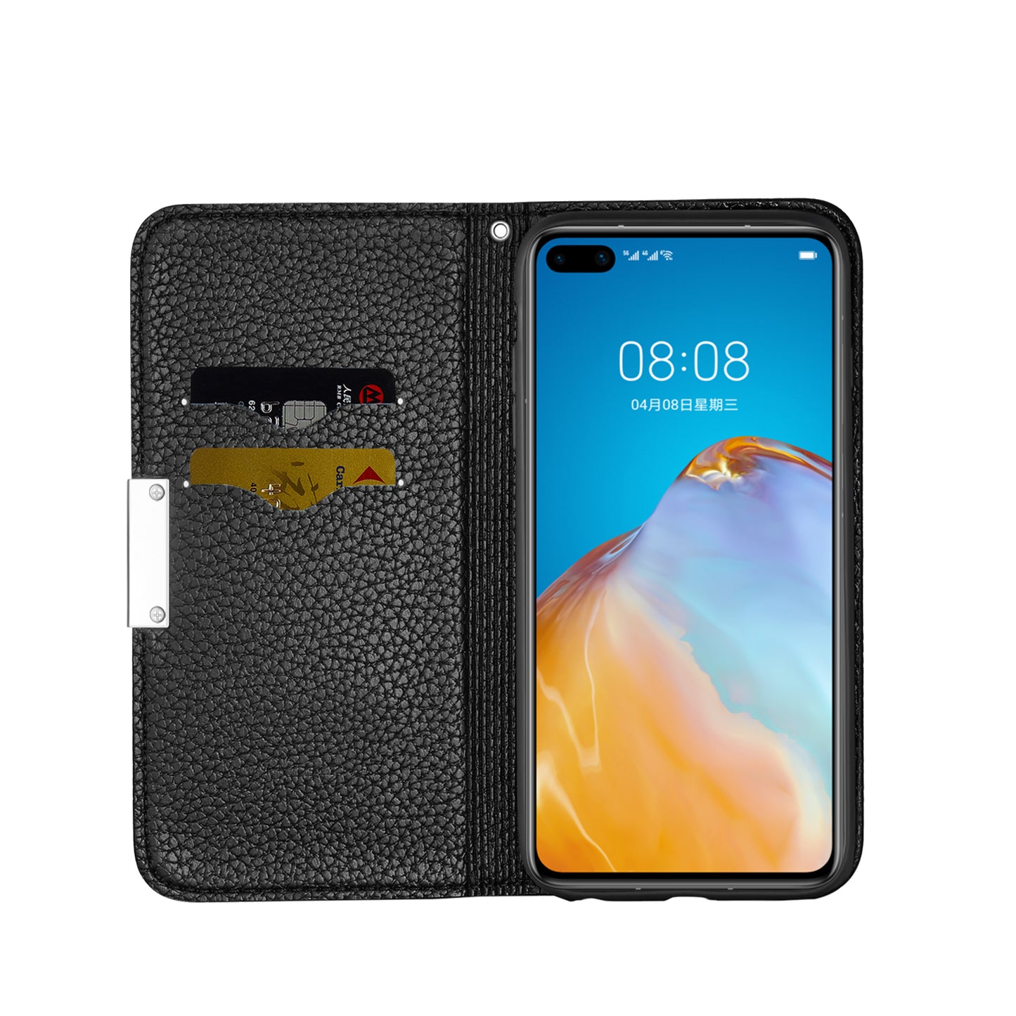 Litchi Skin Auto-absorbed Leather Stand Cover with Card Slots Shell for Huawei P40 Pro