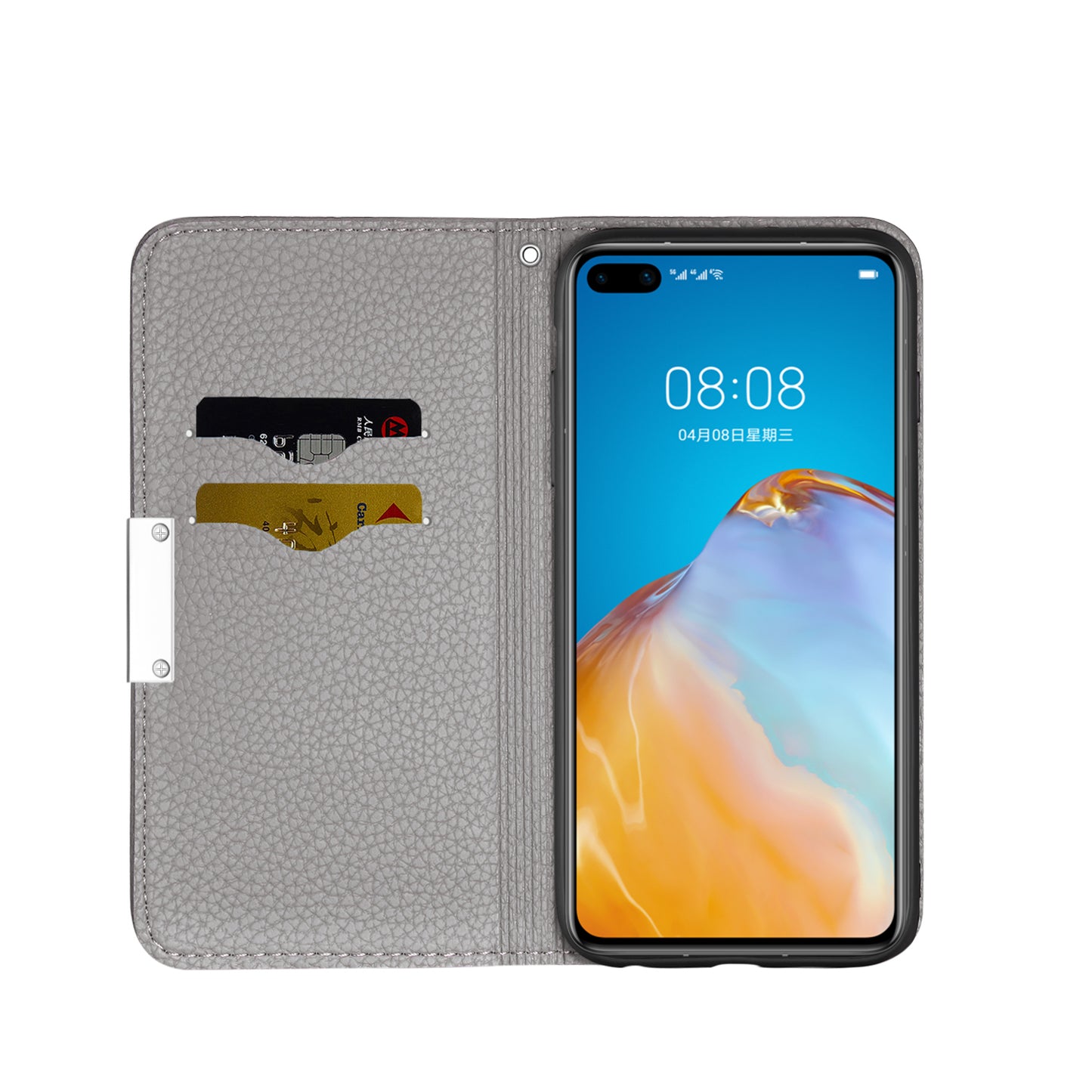 Litchi Skin Auto-absorbed Leather Stand Cover with Card Slots Shell for Huawei P40 Pro
