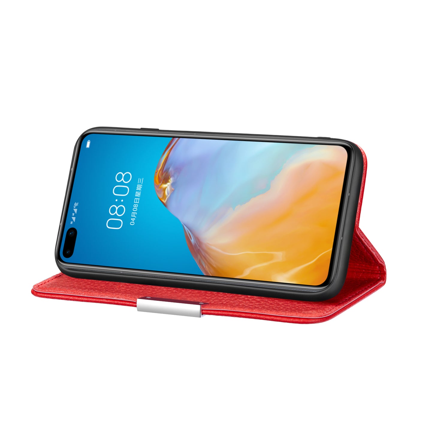 Litchi Skin Auto-absorbed Leather Stand Cover with Card Slots Shell for Huawei P40 Pro