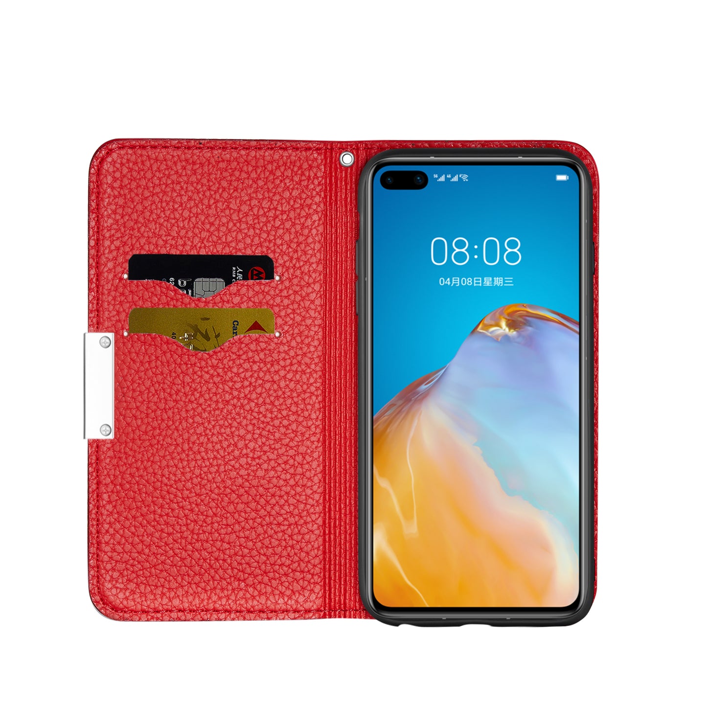 Litchi Skin Auto-absorbed Leather Stand Cover with Card Slots Shell for Huawei P40 Pro