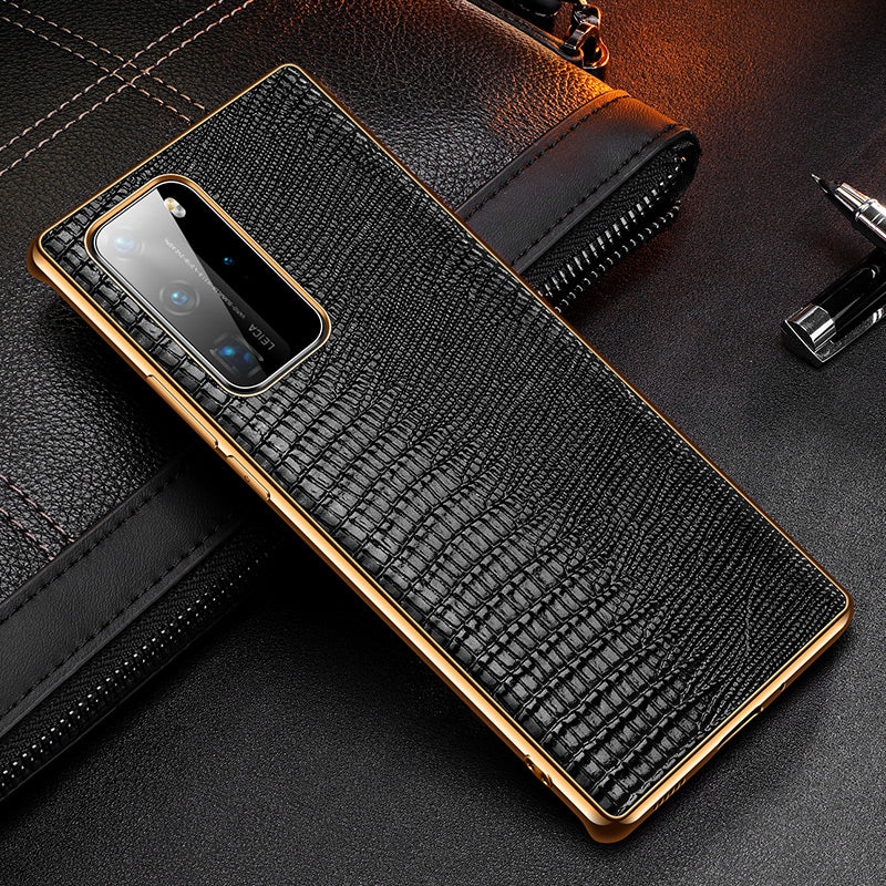 Lizard Texture Plating Genuine Leather Coated PC+TPU Protective Shell for Huawei P40 Pro