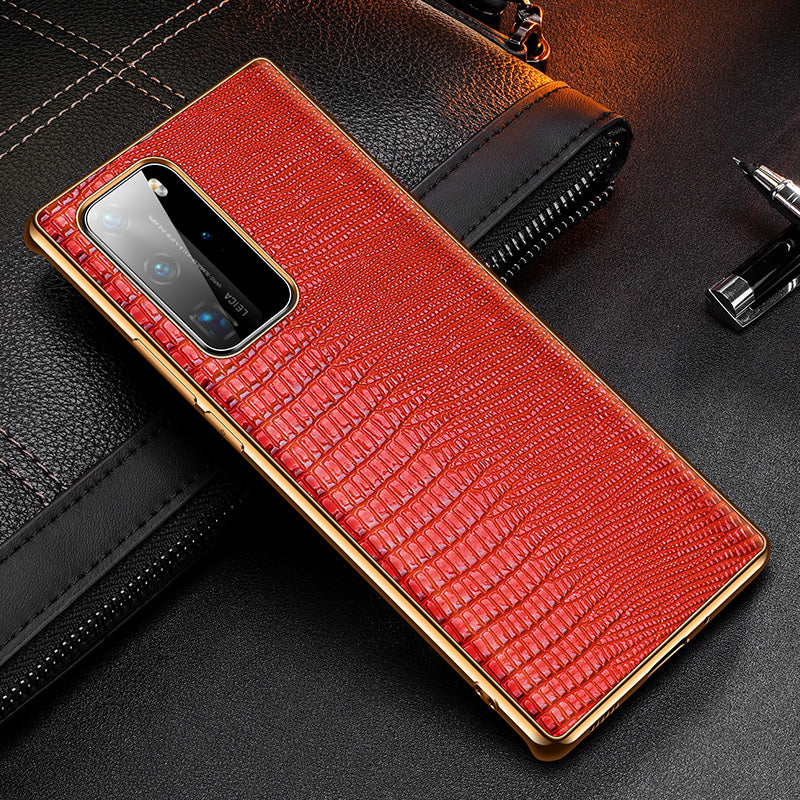 Lizard Texture Plating Genuine Leather Coated PC+TPU Protective Shell for Huawei P40 Pro