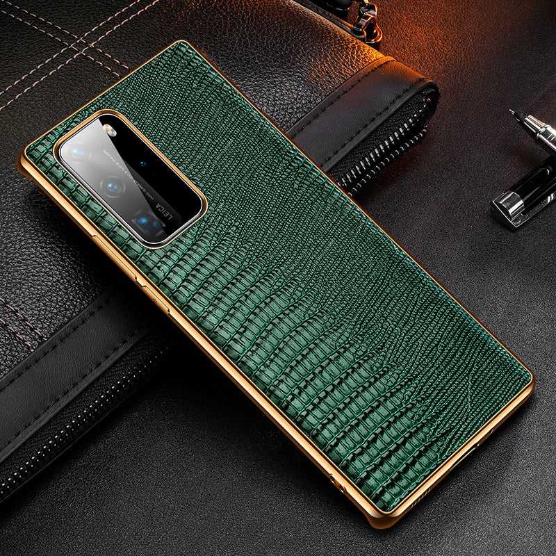 Lizard Texture Plating Genuine Leather Coated PC+TPU Protective Shell for Huawei P40 Pro