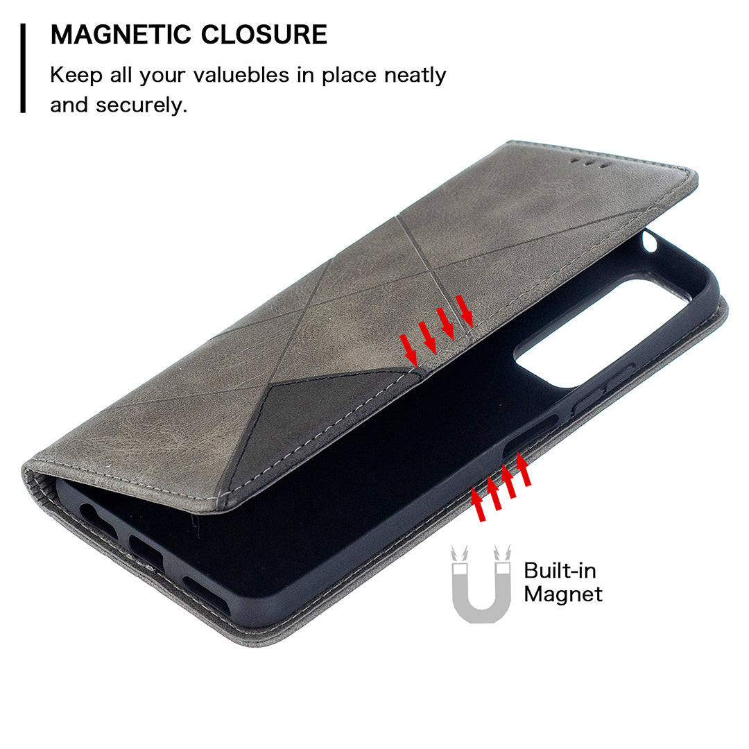 For Huawei P Smart 2021 / Y7a Geometric Pattern Leather Stand Case Card Holder Shell