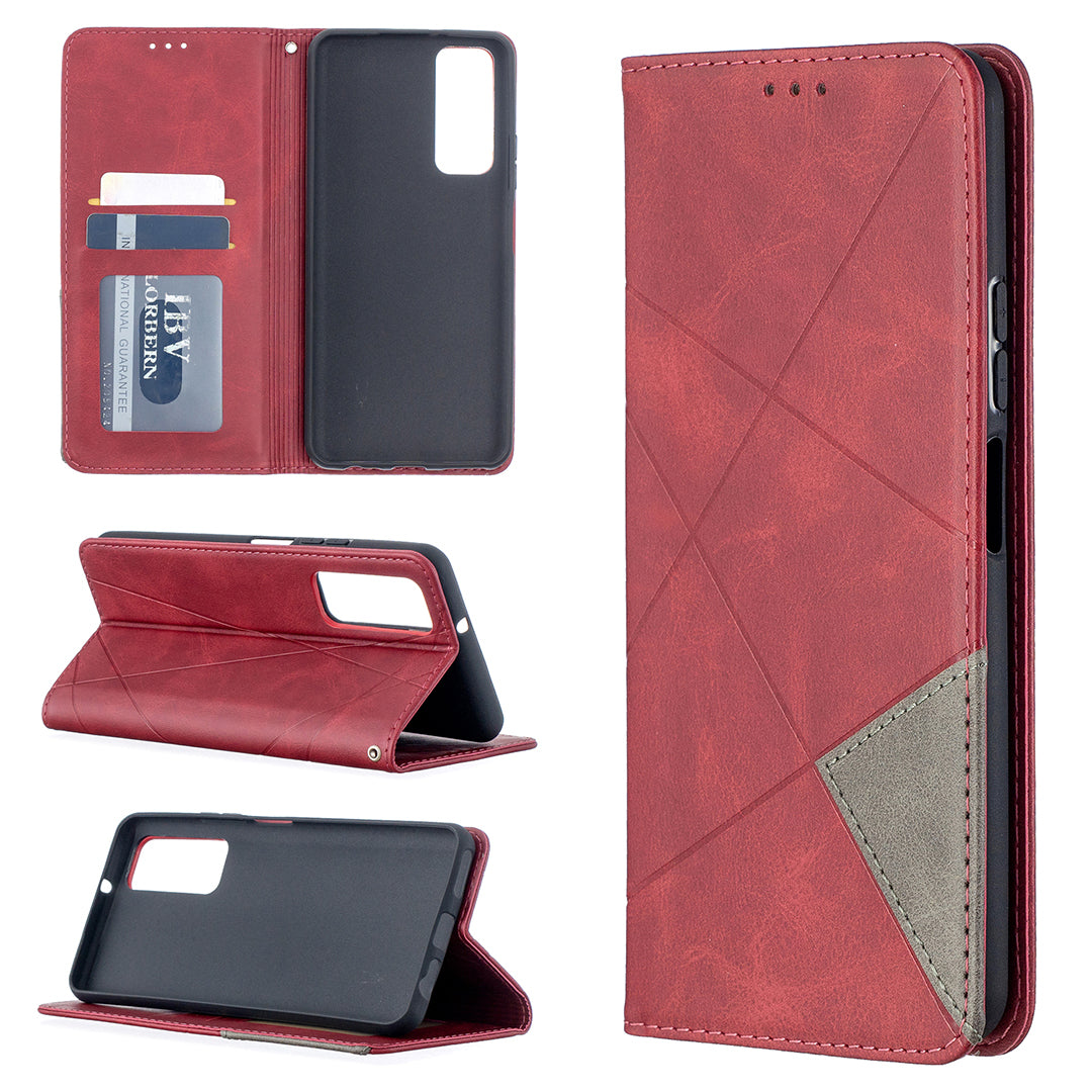 For Huawei P Smart 2021 / Y7a Geometric Pattern Leather Stand Case Card Holder Shell