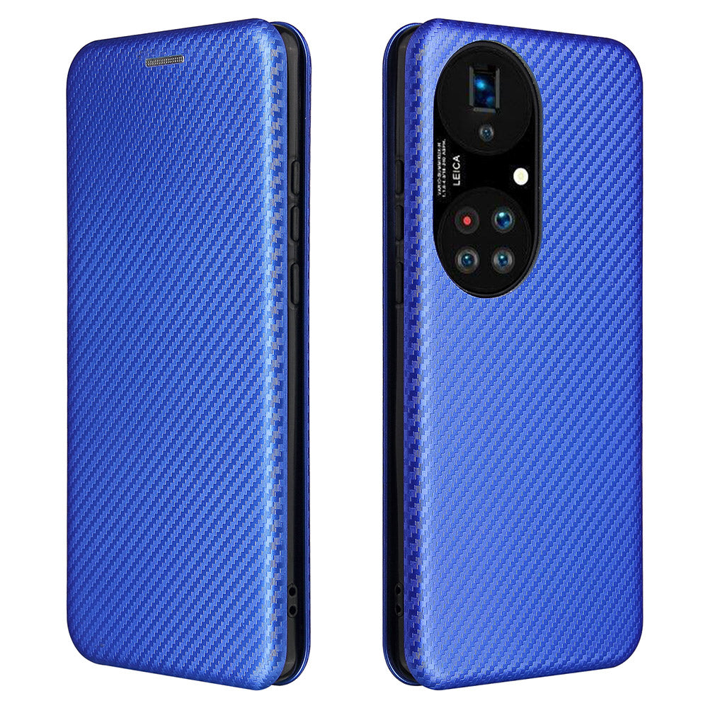 For Huawei P50 Pro Auto-absorbed Leather Cover Carbon Fiber Texture, with Detachable Ring Kickstand Strap