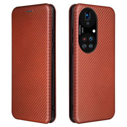 For Huawei P50 Pro Auto-absorbed Leather Cover Carbon Fiber Texture, with Detachable Ring Kickstand Strap