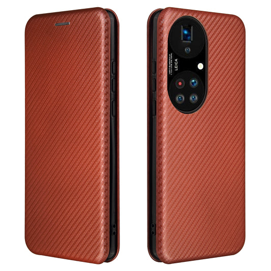 For Huawei P50 Pro Auto-absorbed Leather Cover Carbon Fiber Texture, with Detachable Ring Kickstand Strap