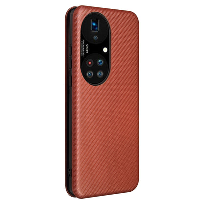 For Huawei P50 Pro Auto-absorbed Leather Cover Carbon Fiber Texture, with Detachable Ring Kickstand Strap