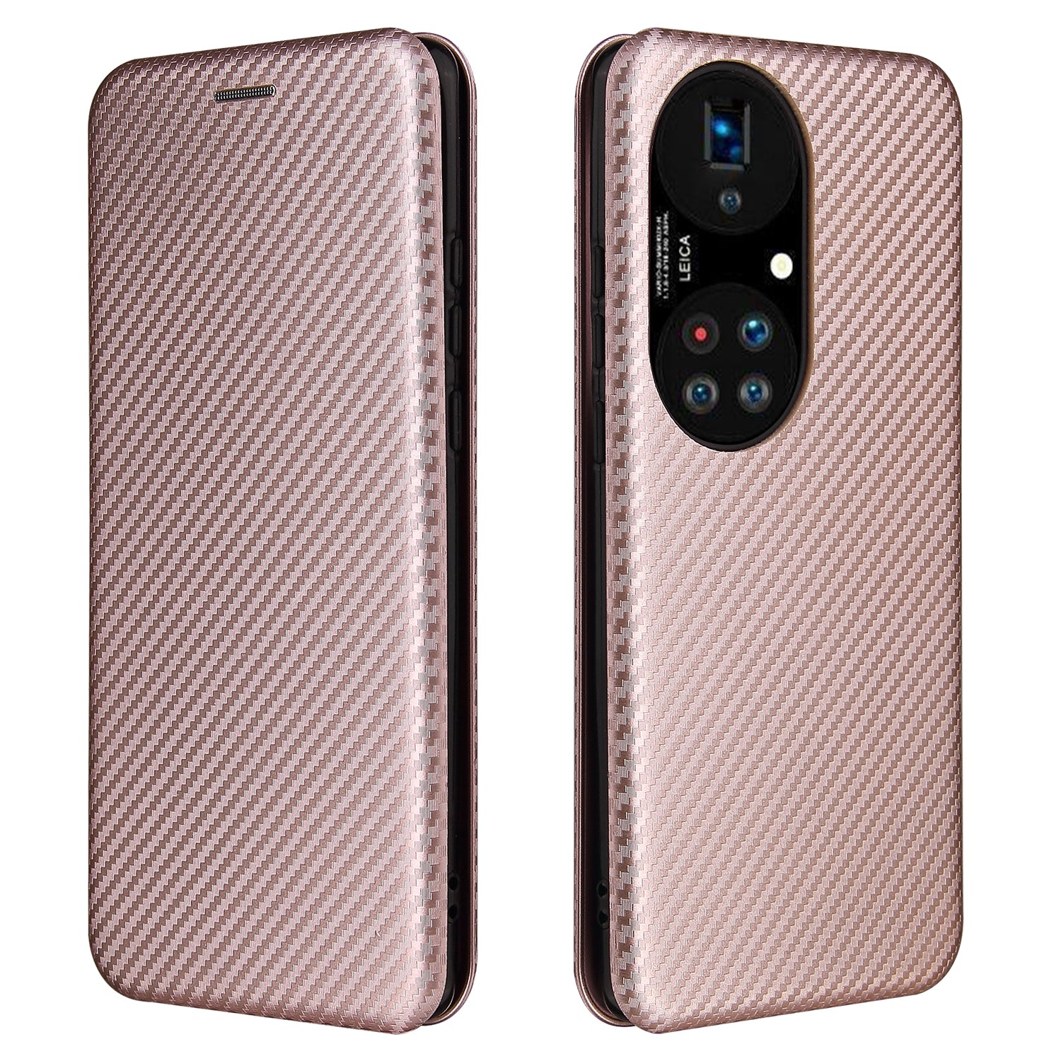 For Huawei P50 Pro Auto-absorbed Leather Cover Carbon Fiber Texture, with Detachable Ring Kickstand Strap