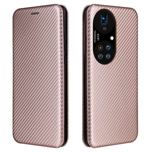 For Huawei P50 Pro Auto-absorbed Leather Cover Carbon Fiber Texture, with Detachable Ring Kickstand Strap