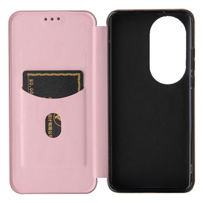 For Huawei P50 Pro Auto-absorbed Leather Cover Carbon Fiber Texture, with Detachable Ring Kickstand Strap