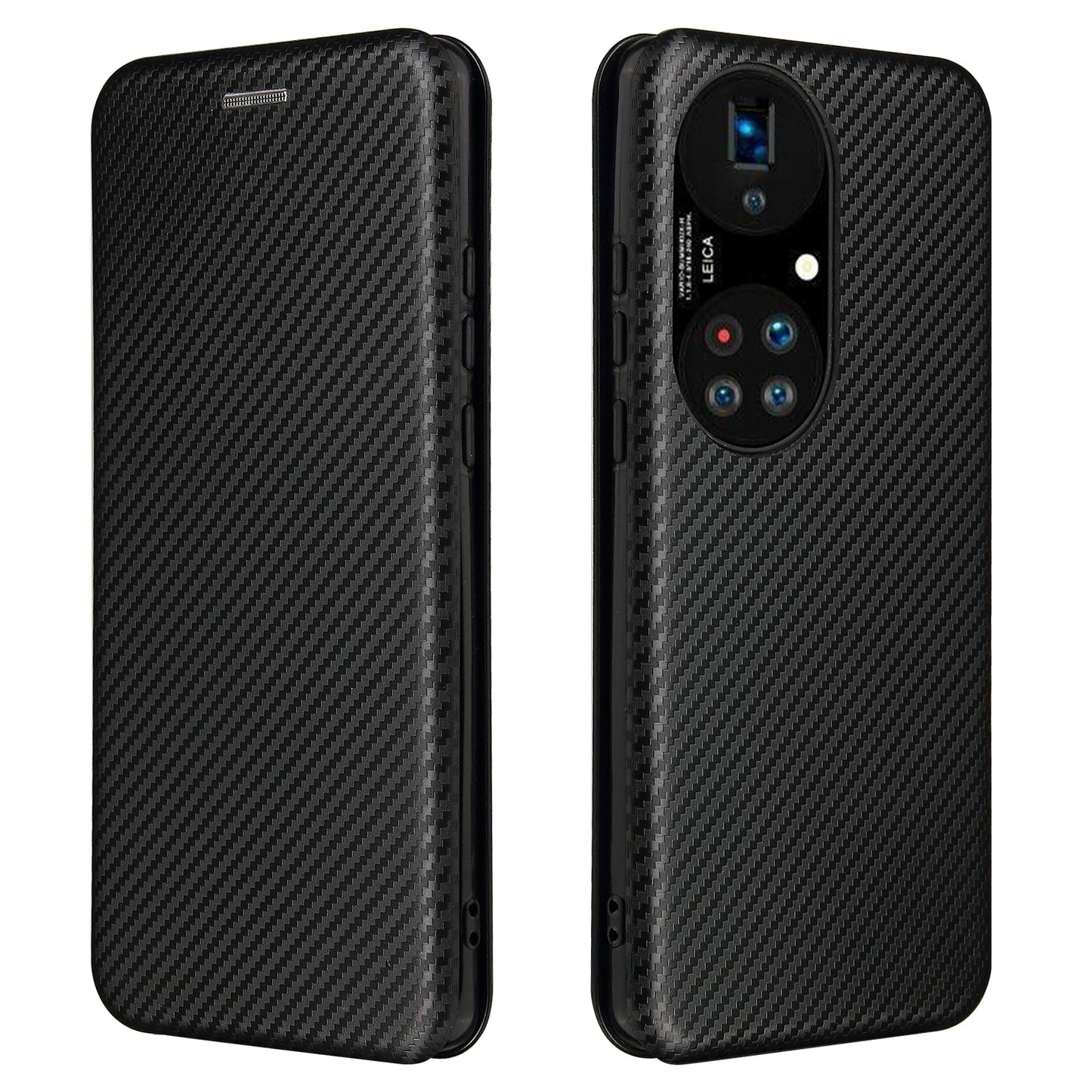 For Huawei P50 Pro Auto-absorbed Leather Cover Carbon Fiber Texture, with Detachable Ring Kickstand Strap