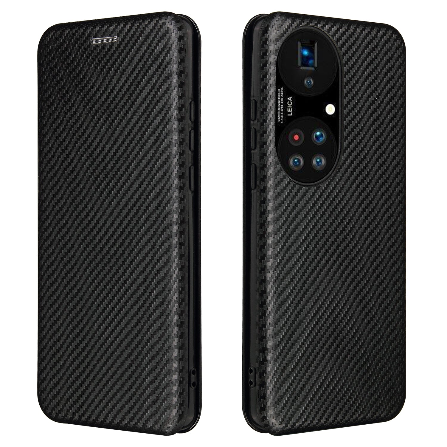For Huawei P50 Pro Auto-absorbed Leather Cover Carbon Fiber Texture, with Detachable Ring Kickstand Strap