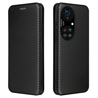 For Huawei P50 Pro Auto-absorbed Leather Cover Carbon Fiber Texture, with Detachable Ring Kickstand Strap